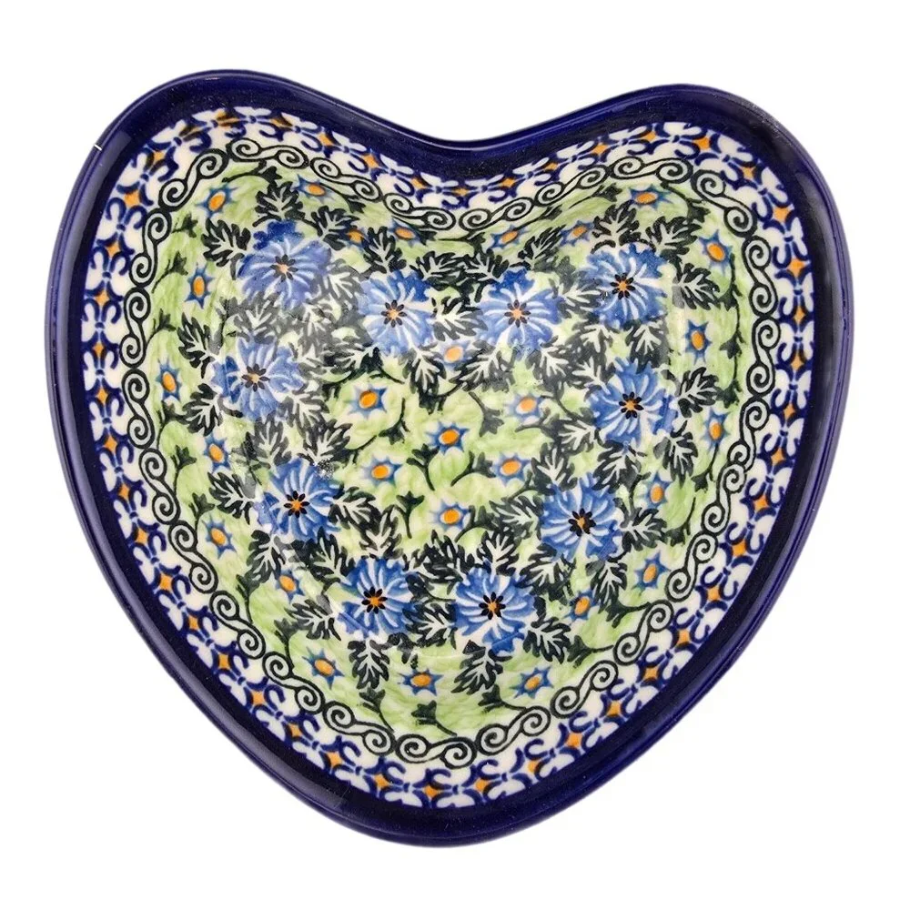 Kalich Boleslawiecka Ceramic Whimsical Heart Polish Pottery Bowl Floral Design - Picture 1 of 9